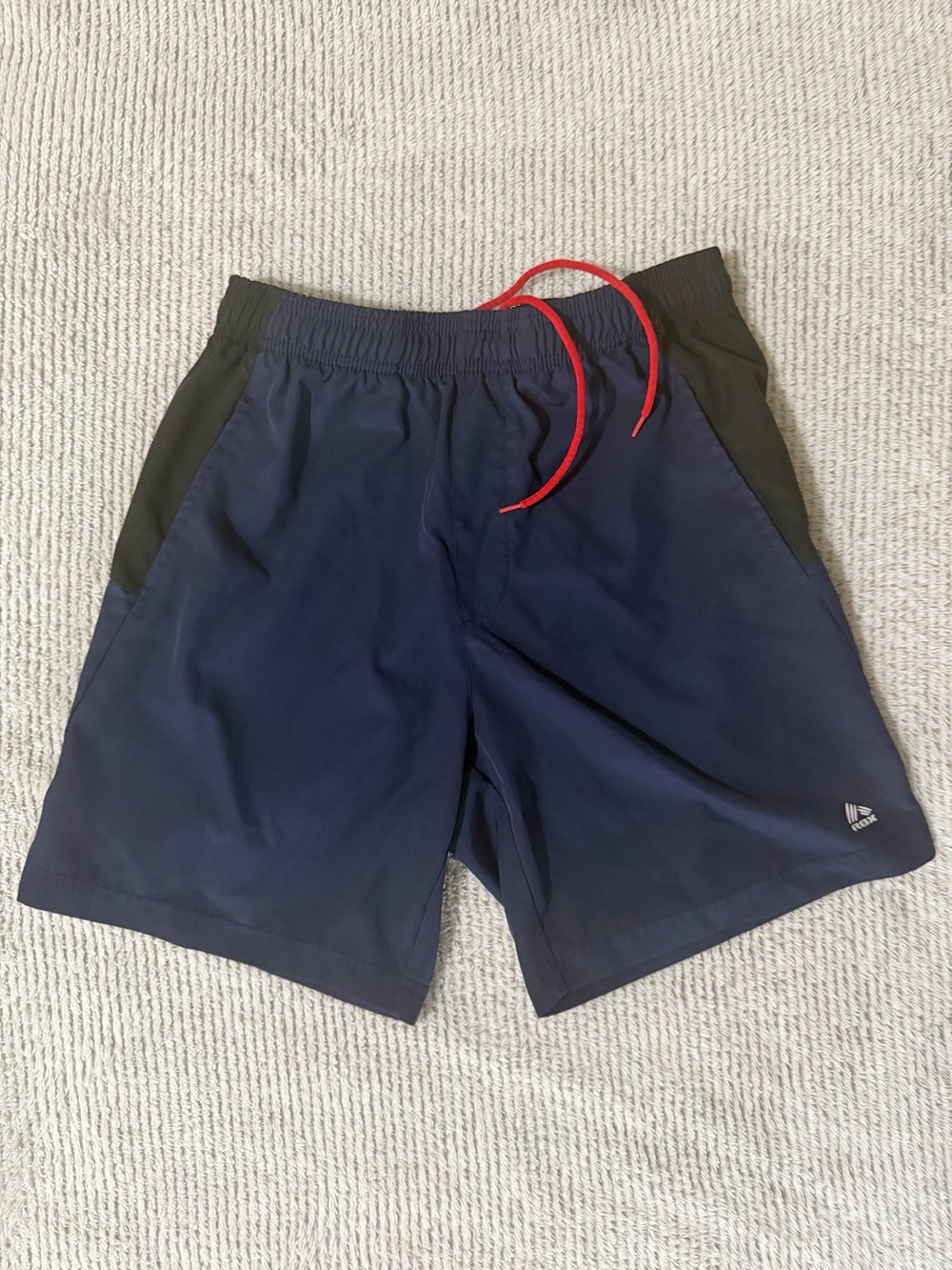 RBX Navy Athletic Shorts with Black Side Panels and Red Drawstring